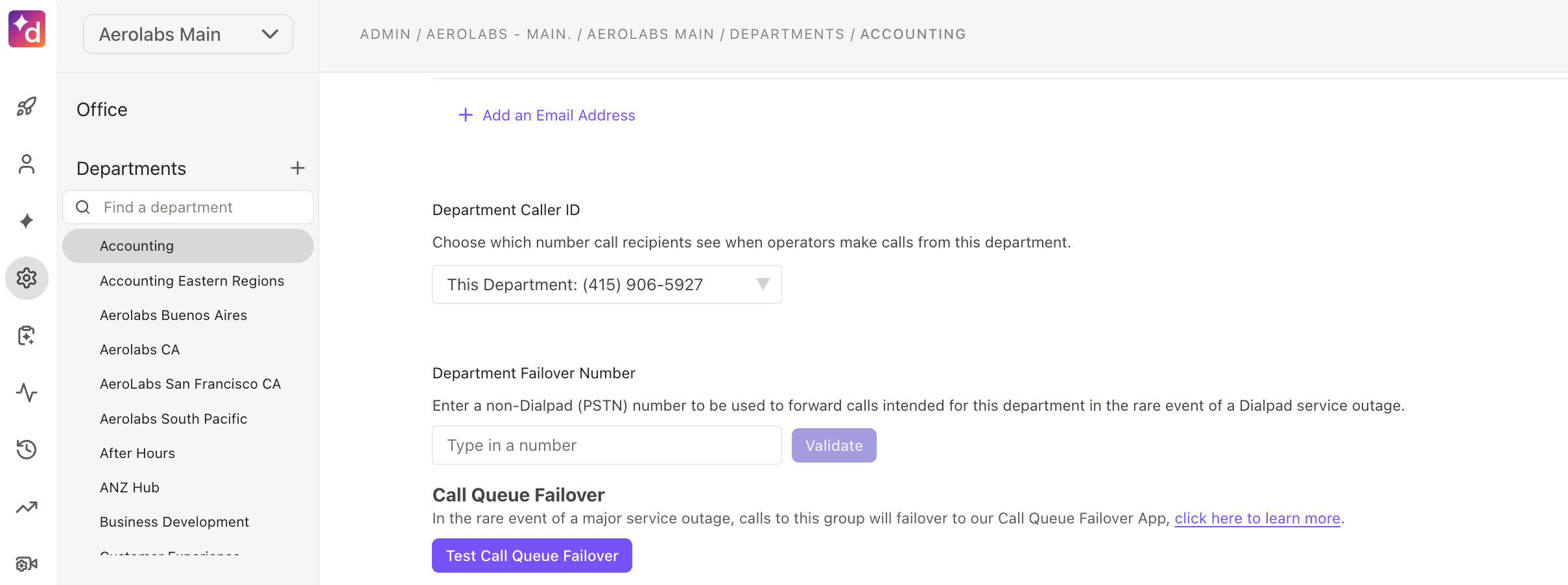 A user interface for managing department caller ID and failover settings in accounting.
